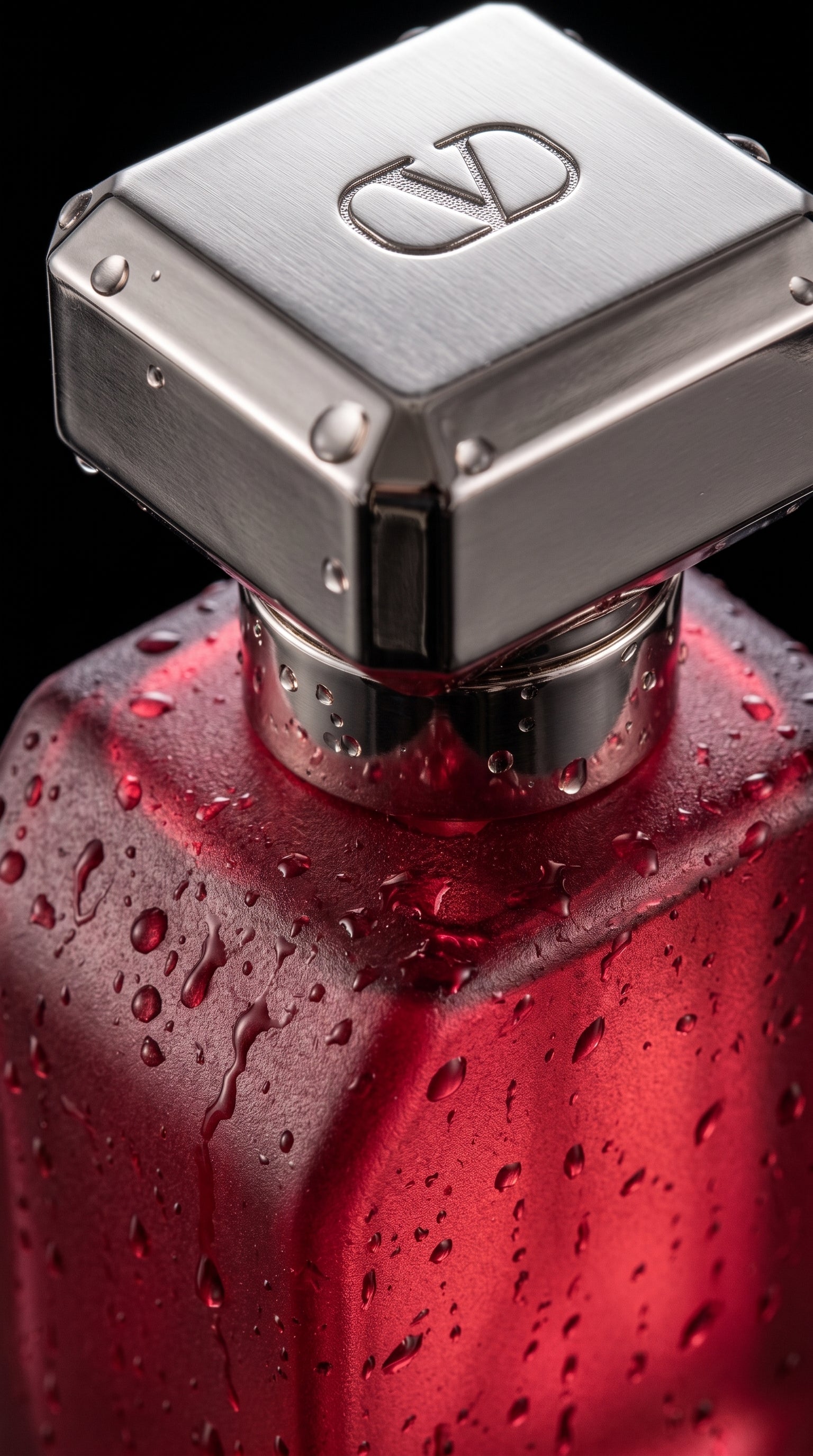 Scarlet Bloom Eau de Parfum — detalhe do frasco com gotas d'água