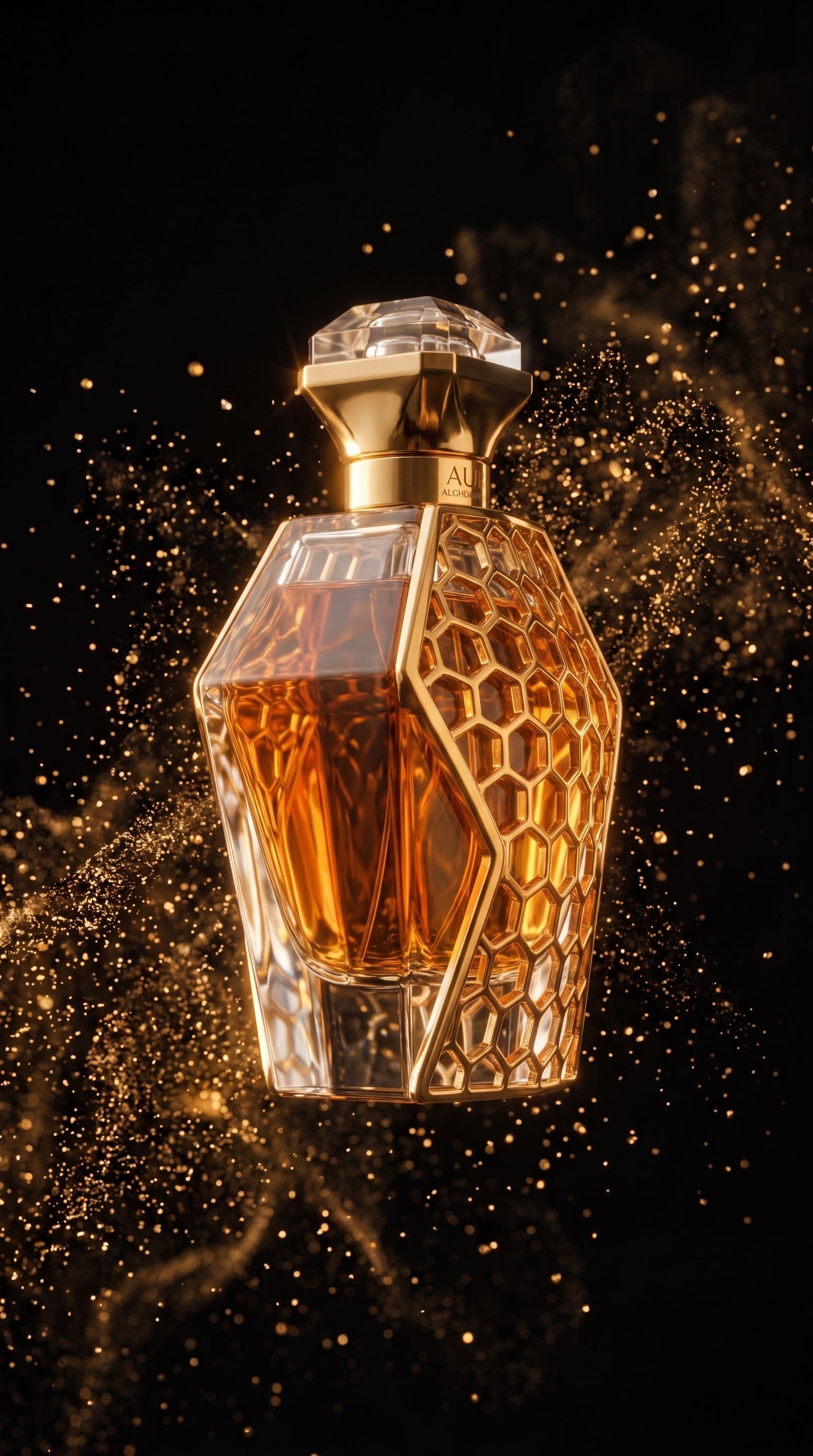 Aura Aquat-Gavotte EDP — frasco flutuando com explosão de partículas douradas
