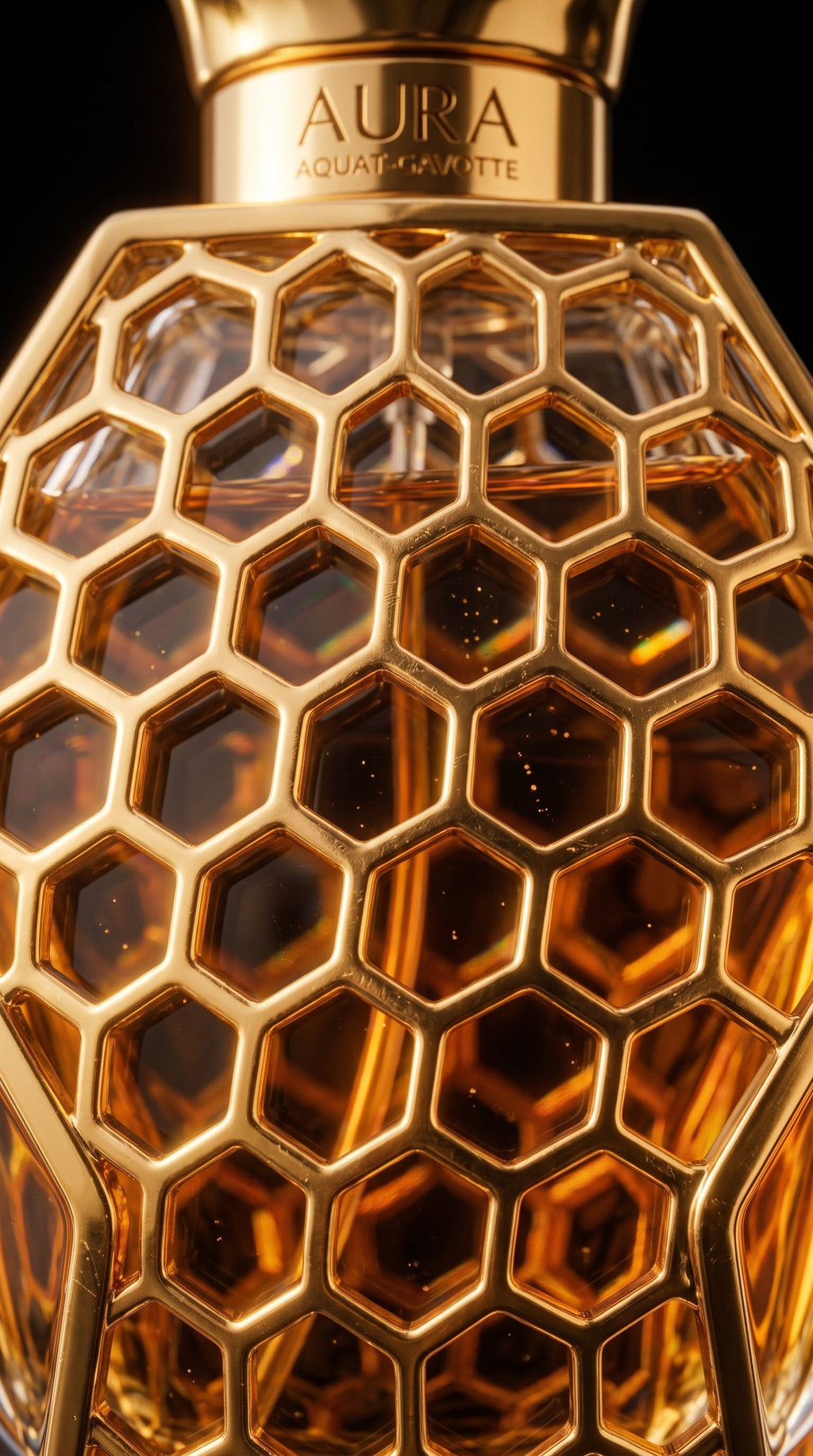 Aura Aquat-Gavotte EDP — detalhe da estrutura hexagonal em ouro com luz âmbar
