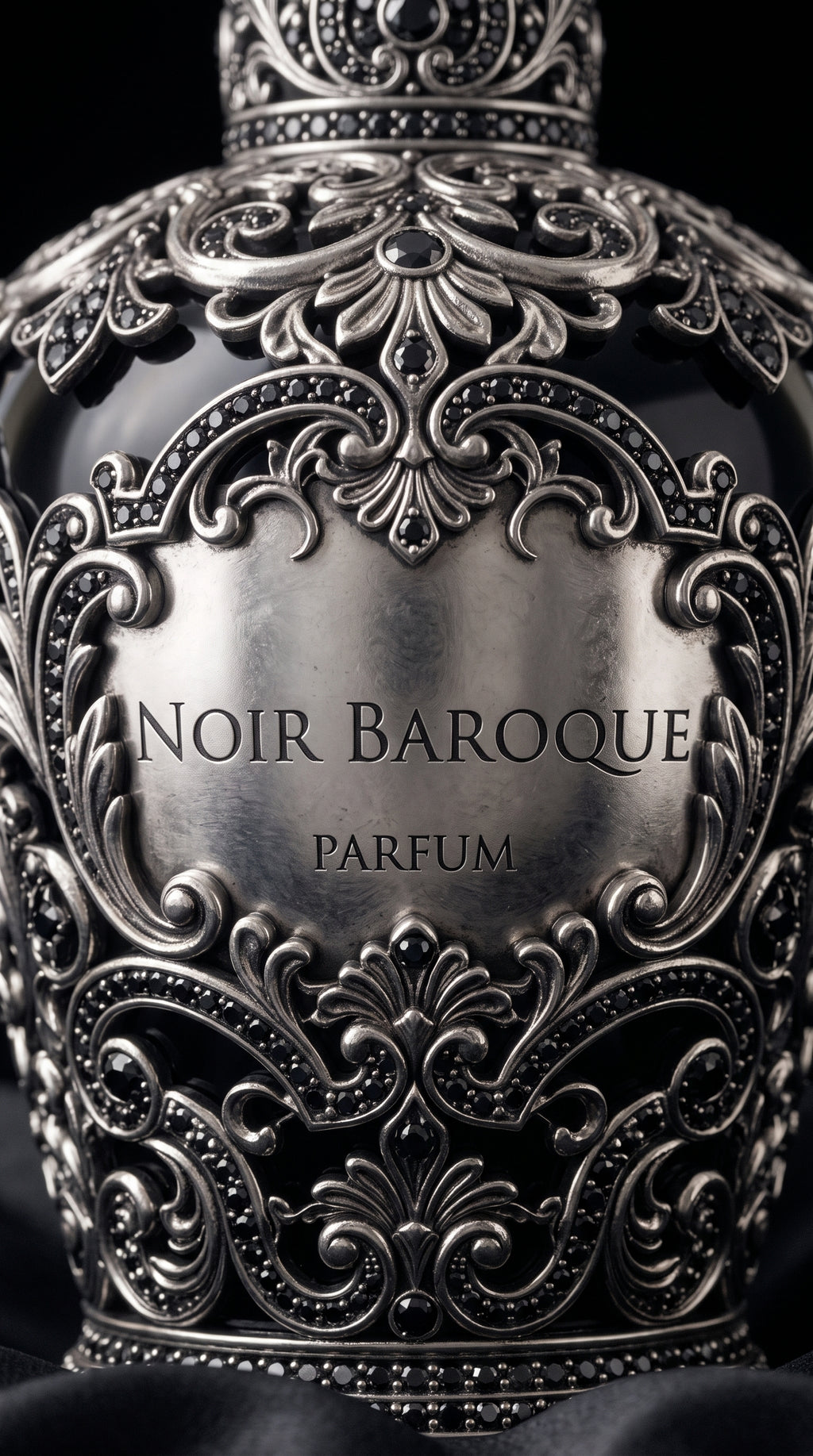 Noir Baroque Parfum — detalhe da filigrana barroca com pedras negras cravejadas