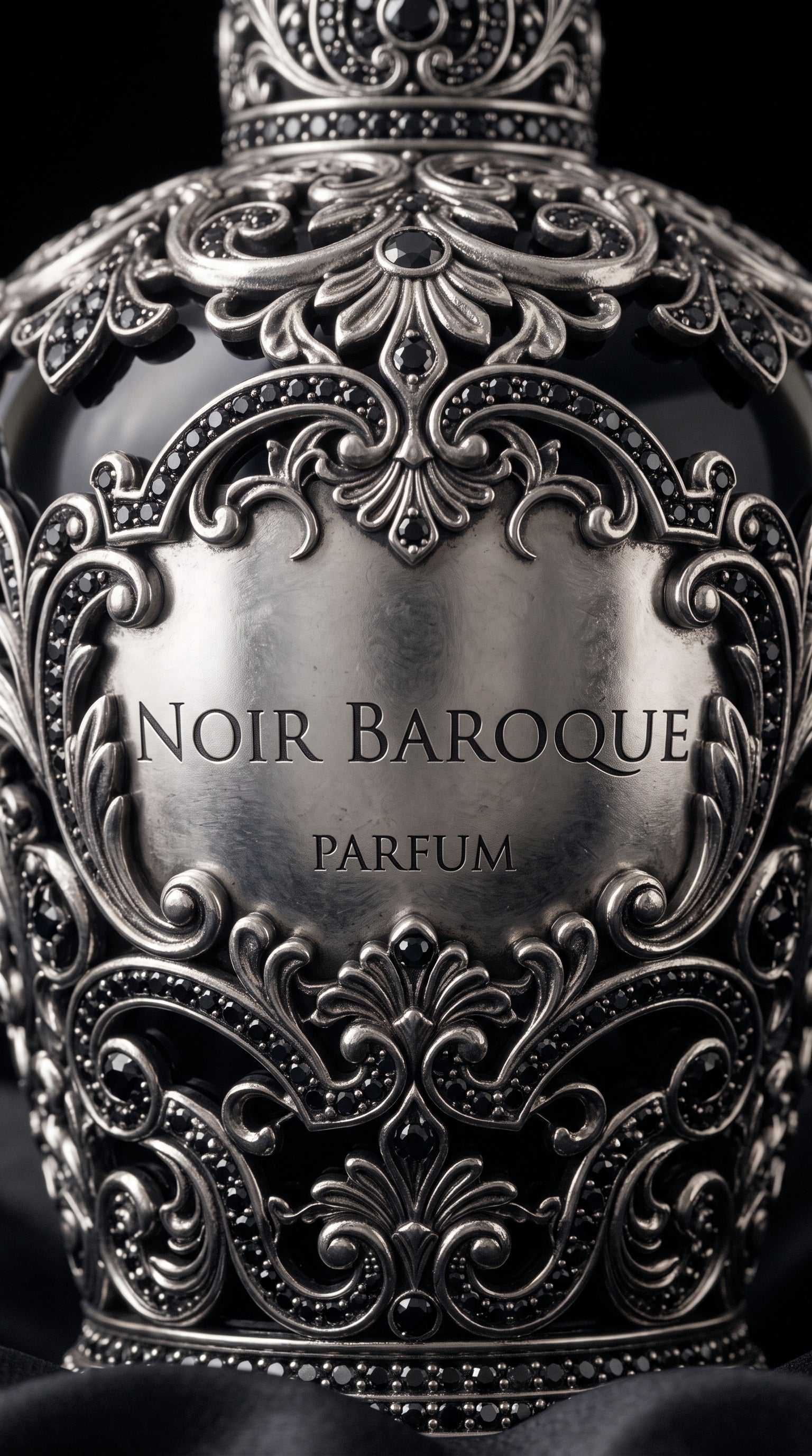 Noir Baroque Parfum — detalhe da filigrana barroca com pedras negras cravejadas