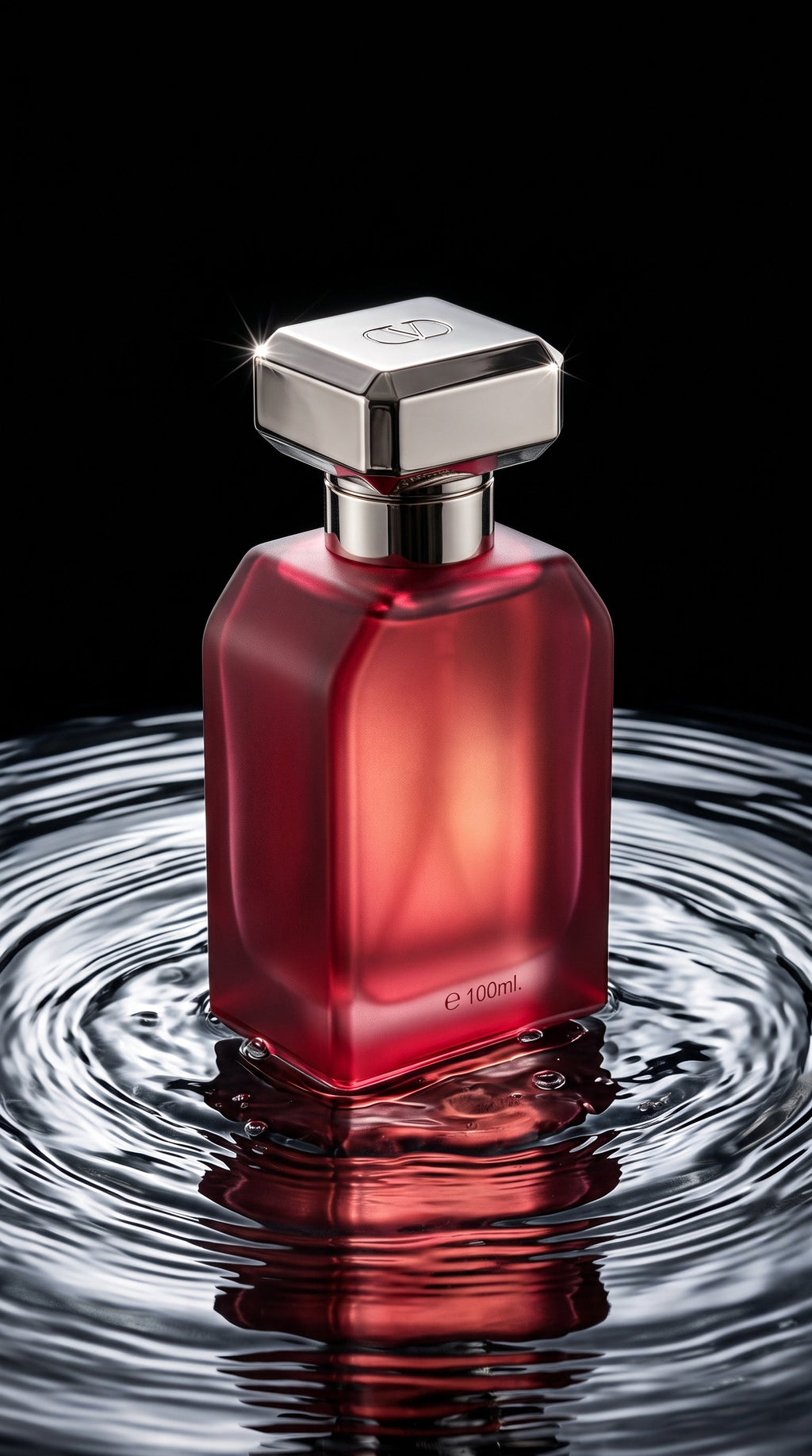 Scarlet Bloom Eau de Parfum — frasco vermelho em água cristalina