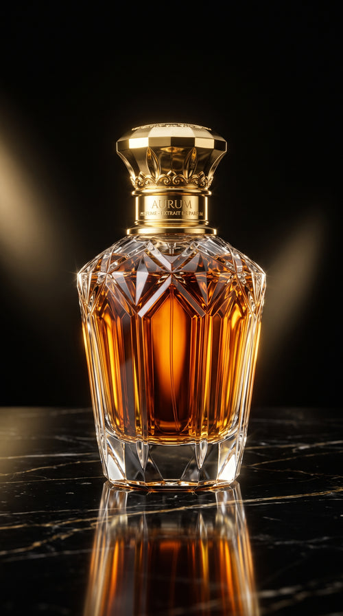 Aurum Extrait de Parfum — frasco de cristal lapidado com tampa dourada sobre mármore preto