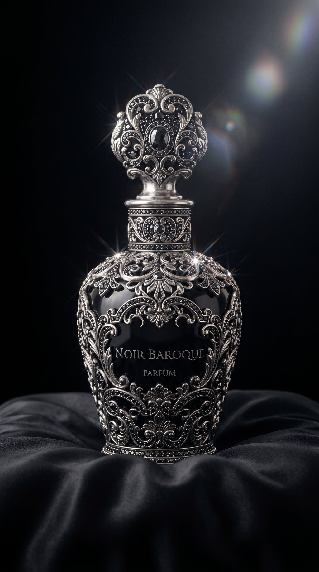 Noir Baroque Parfum — frasco negro com filigrana de prata sobre seda preta