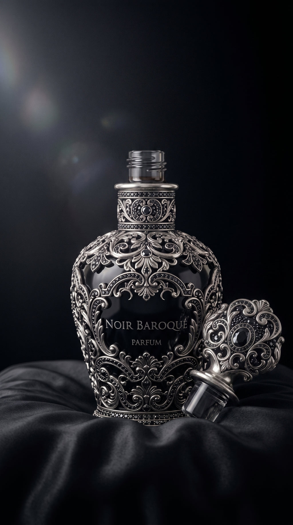 Noir Baroque Parfum — frasco aberto sobre seda preta com tampa ao lado