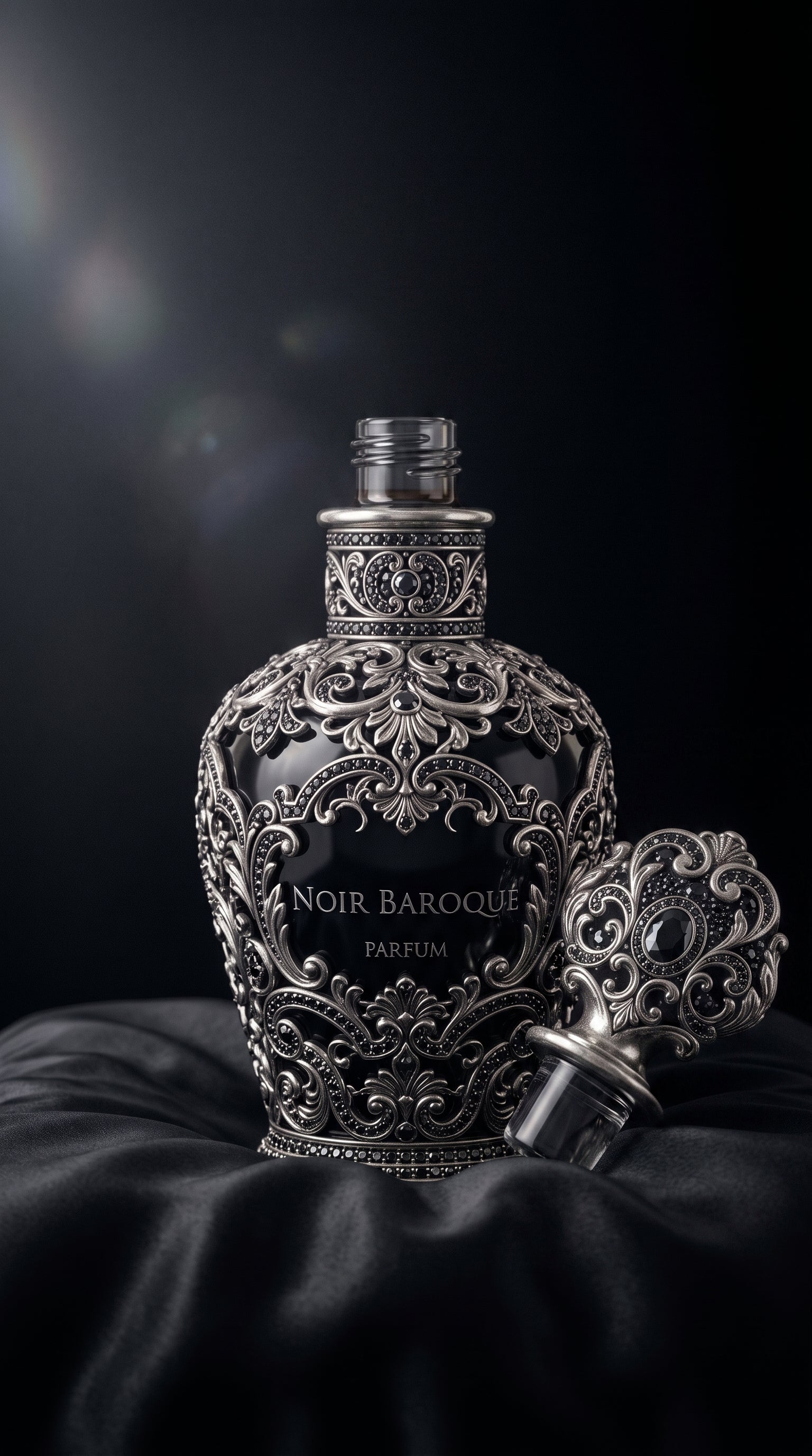 Noir Baroque Parfum — frasco aberto sobre seda preta com tampa ao lado