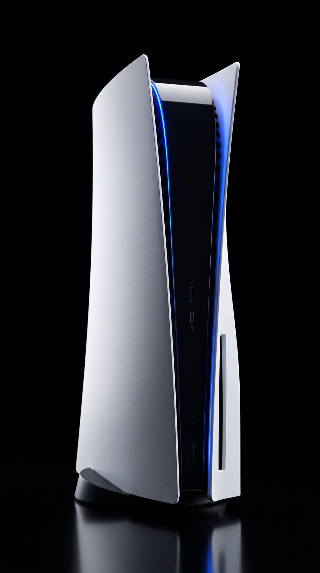 PlayStation 5 Standard Disc Edition — console na vertical fundo preto