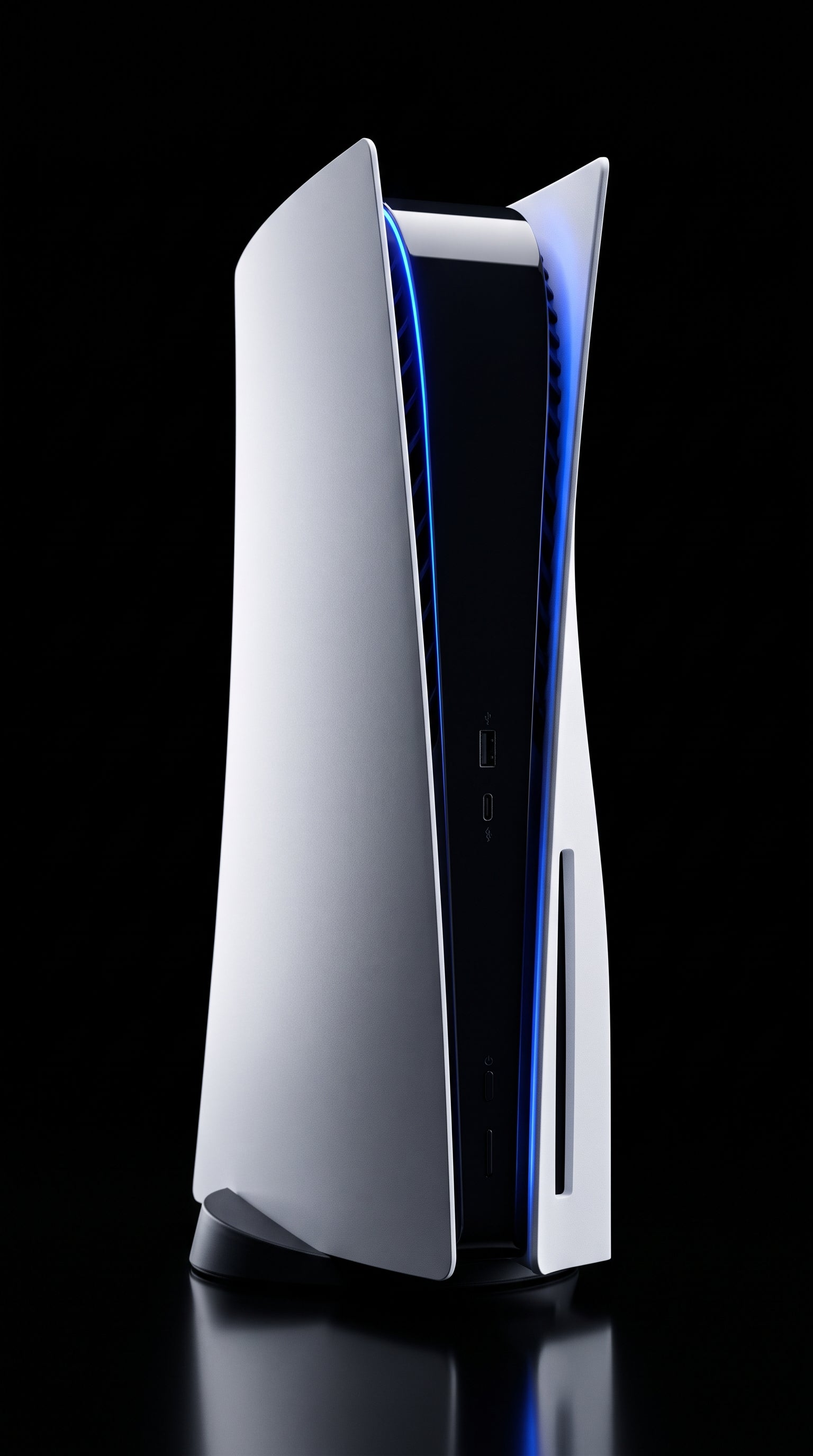 PlayStation 5 Standard Disc Edition — console na vertical fundo preto