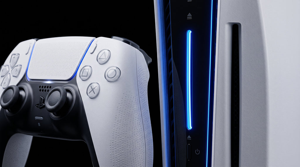 PlayStation 5 Standard Disc Edition — detalhe do controle DualSense e console