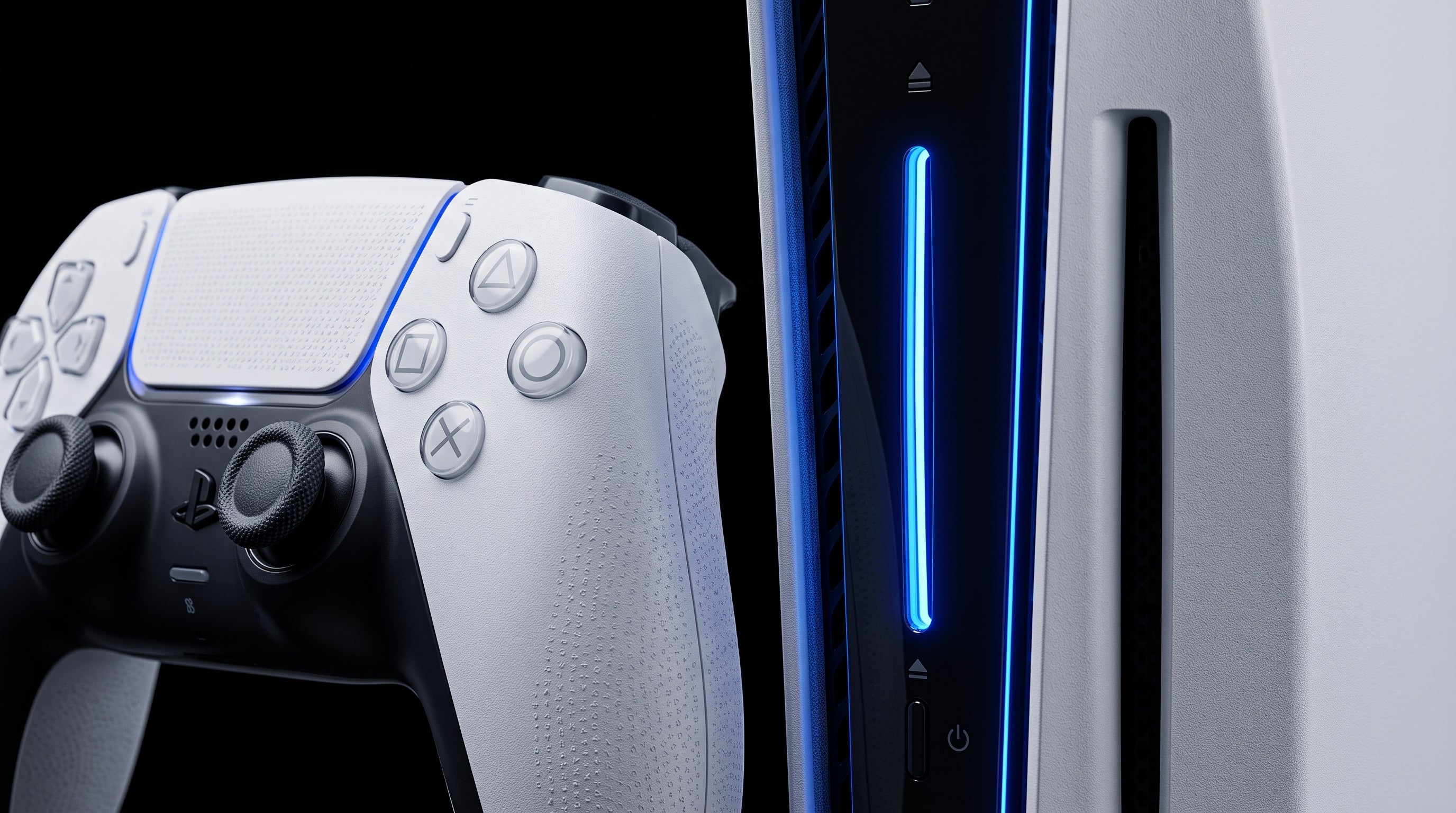 PlayStation 5 Standard Disc Edition — detalhe do controle DualSense e console