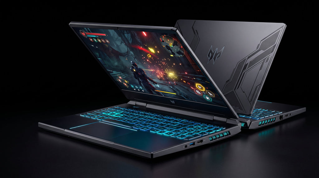 Acer Predator Helios Neo PHN16 — dois notebooks frente e verso mostrando design