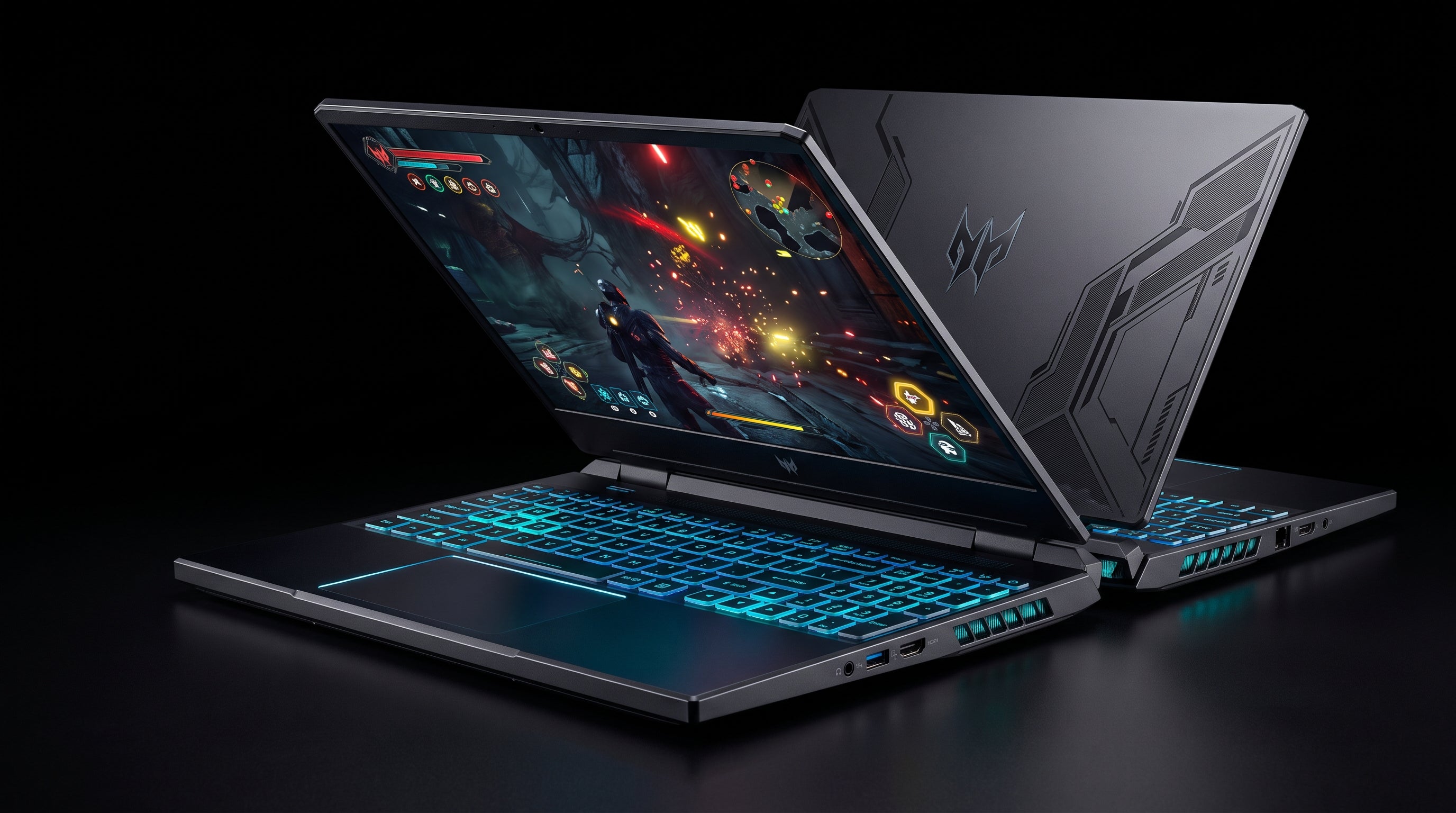 Acer Predator Helios Neo PHN16 — dois notebooks frente e verso mostrando design