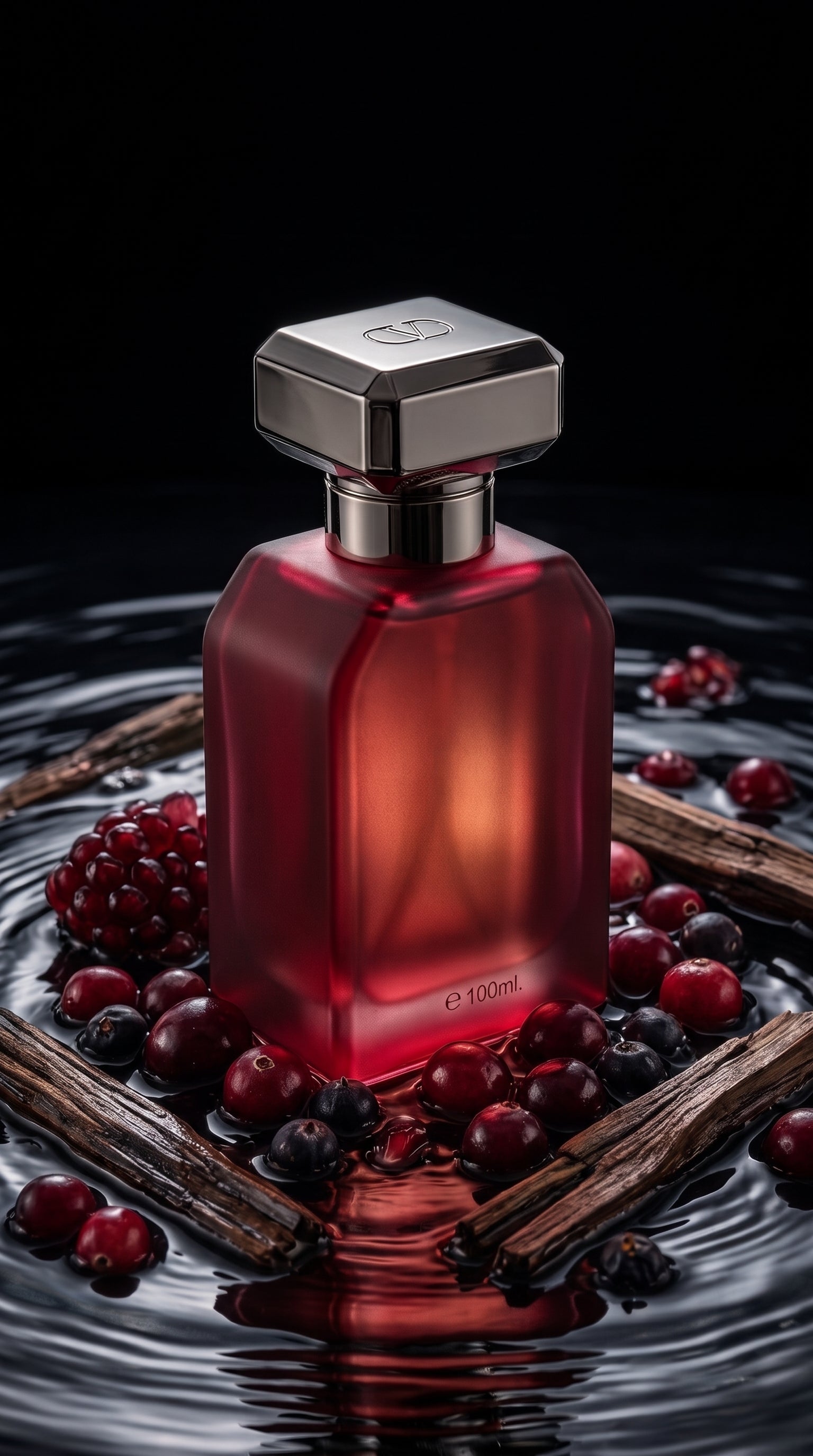 Scarlet Bloom Eau de Parfum — frasco com cranberries e favas de baunilha