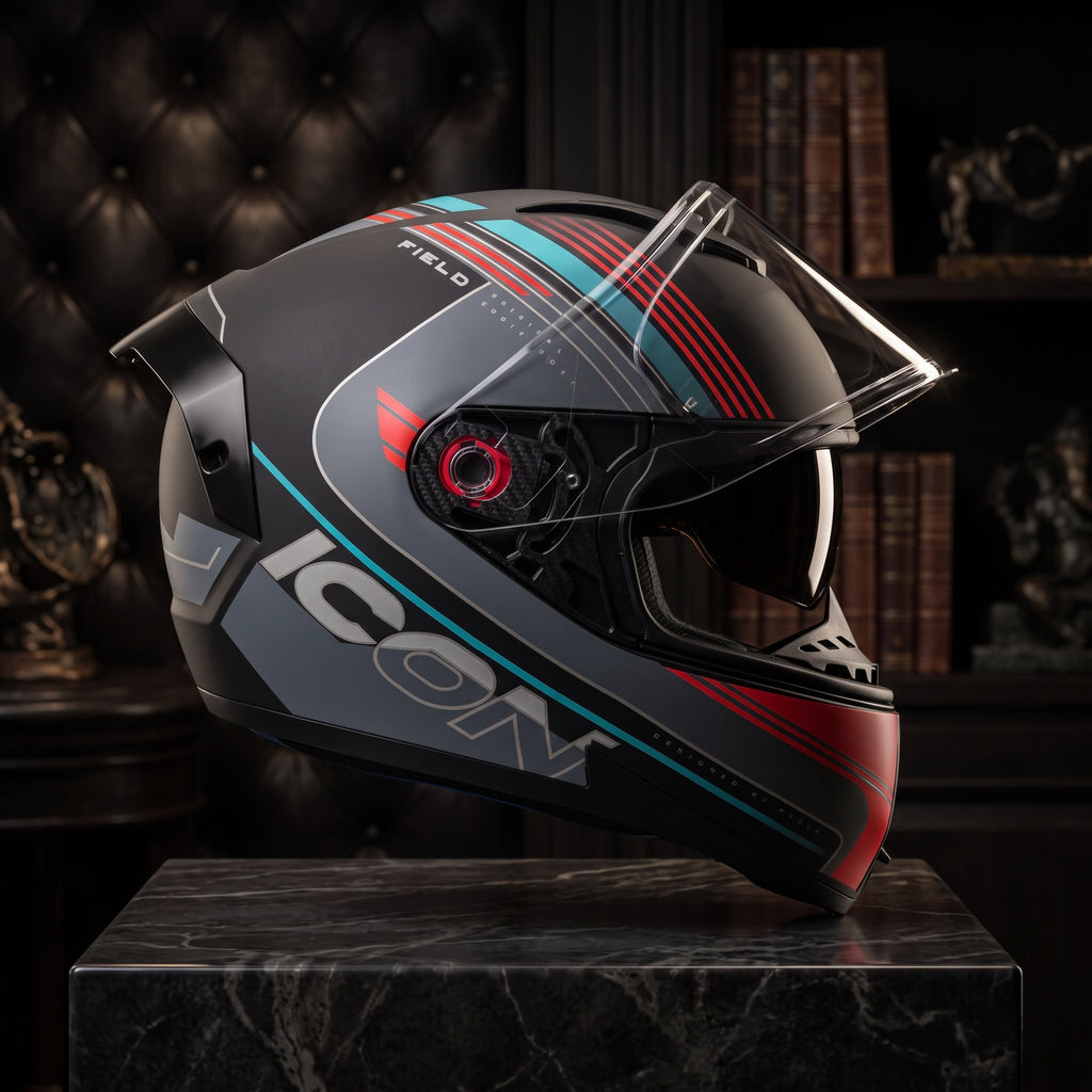 Capacete Peels Icon Pro Field Preto Ciano - Vista lateral em suporte premium