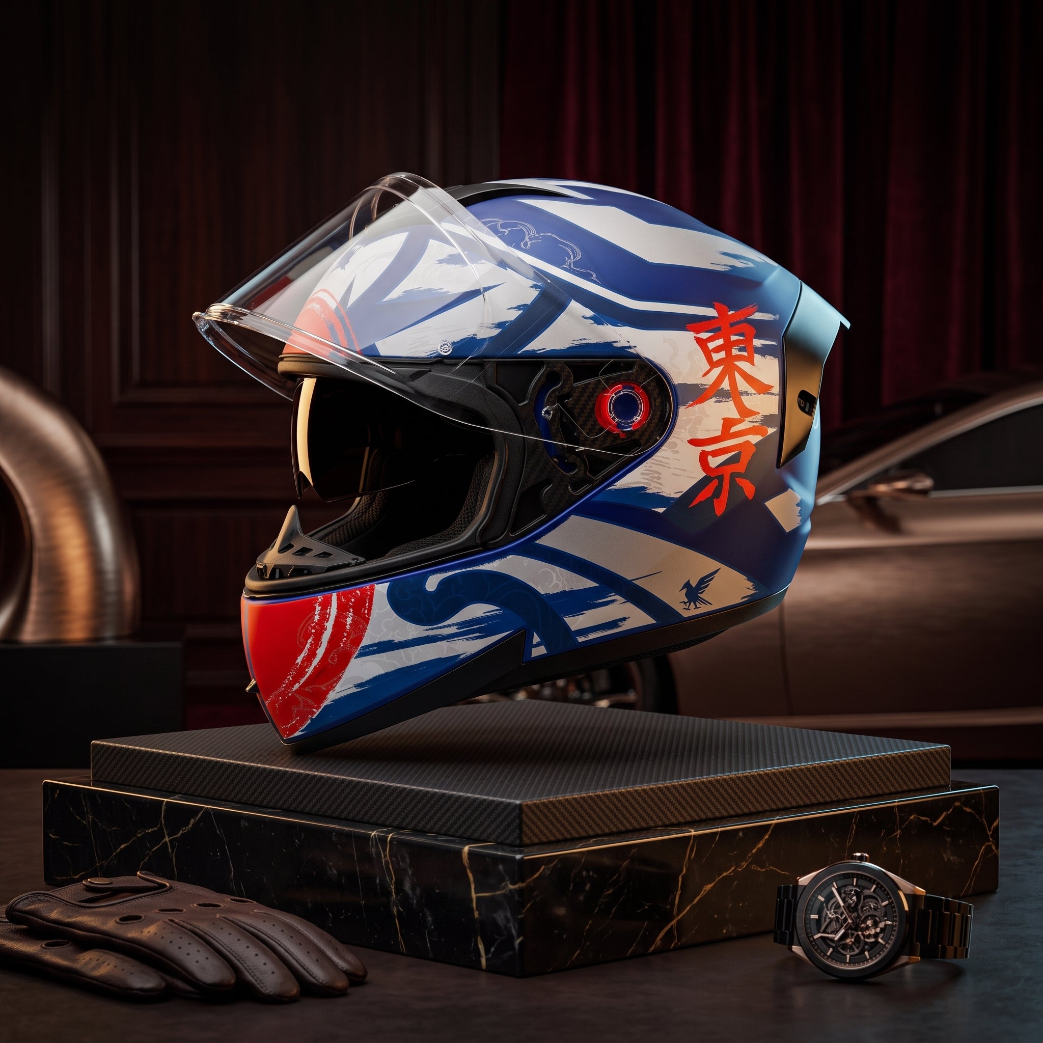 Capacete Peels Icon Pro Tokyo Azul - Foto premium em suporte de mármore