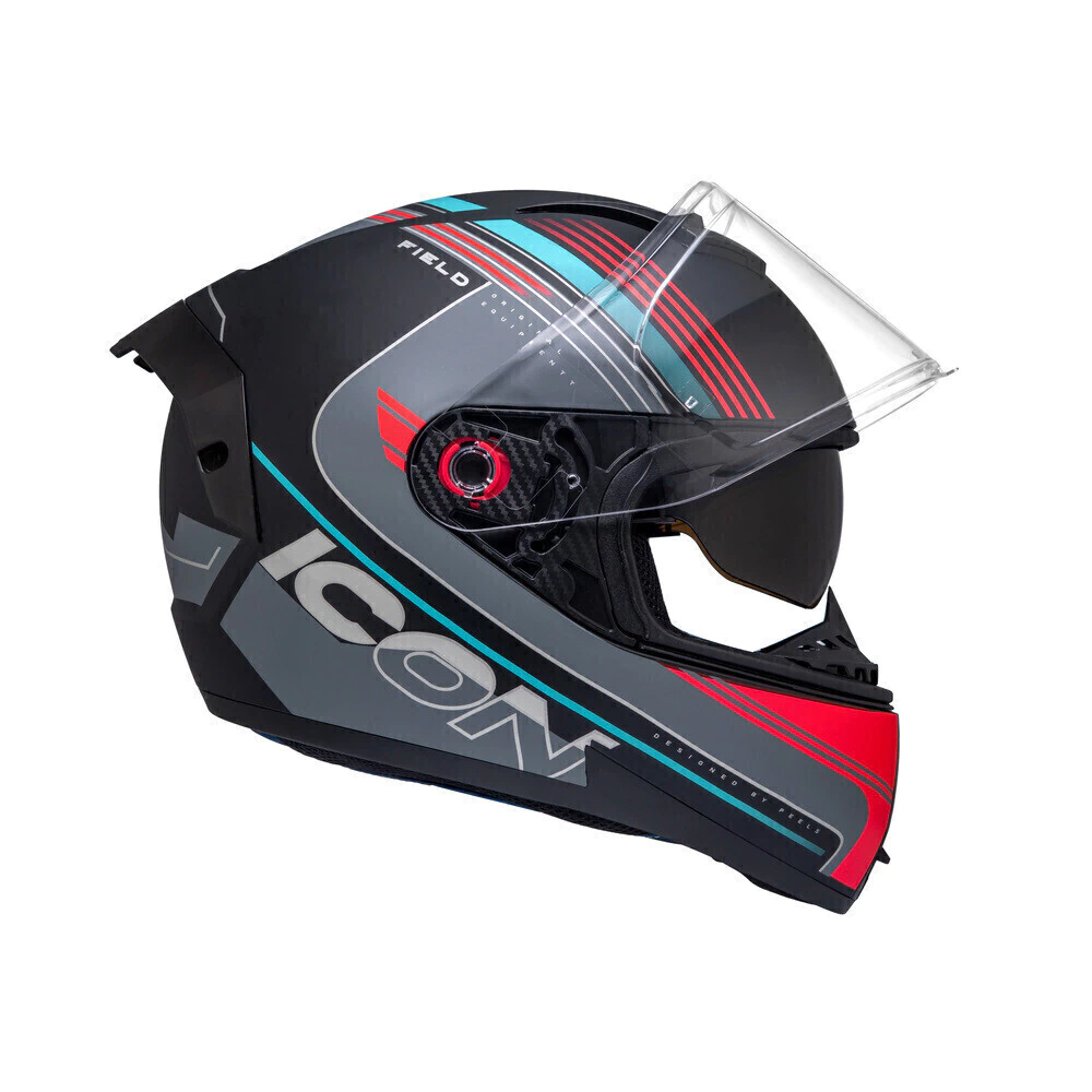 Capacete Peels Icon Pro Field Preto Ciano - Vista lateral com viseira aberta